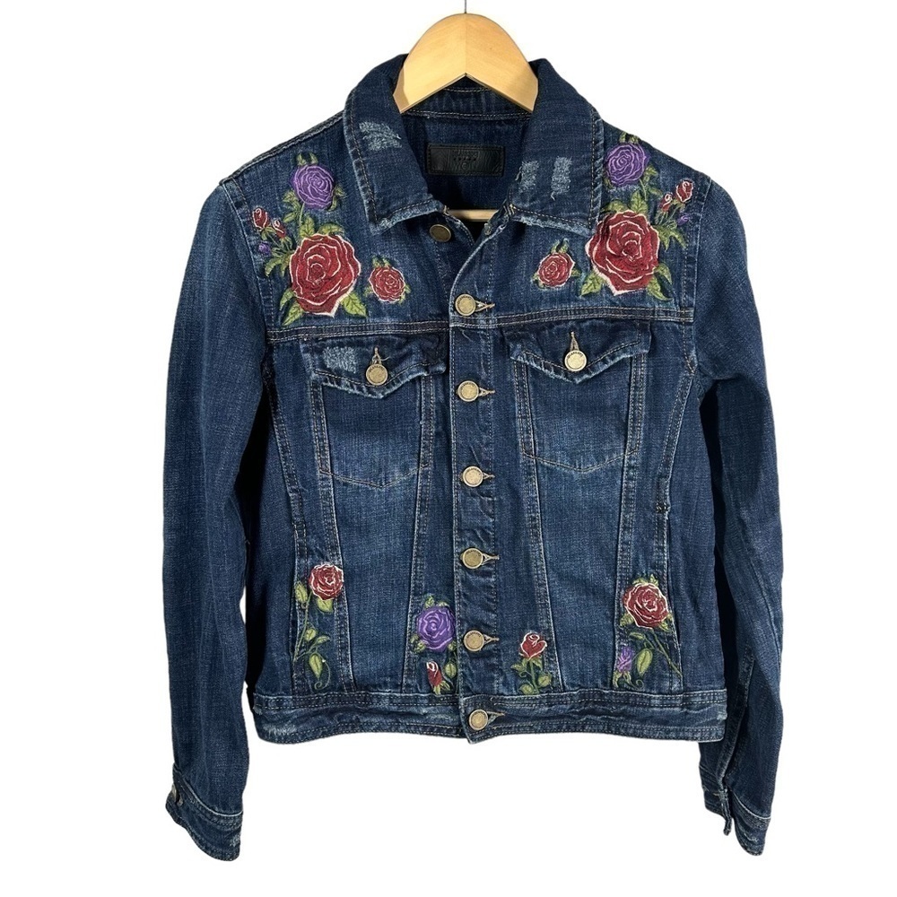Blank NYC Flower Embroidered Boho Distressed Blue Denim Jacket Size XS